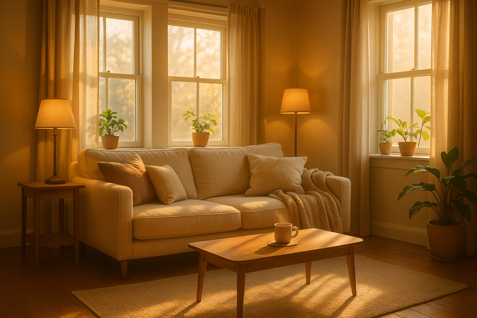 Goedemorgen sfeer met verlichting in de woonkamer